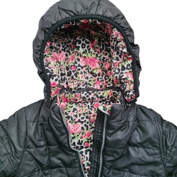 3 Pommes Girls Black Floral Quilted Reversible Puffer Winter Coat - Picture 2 of 7